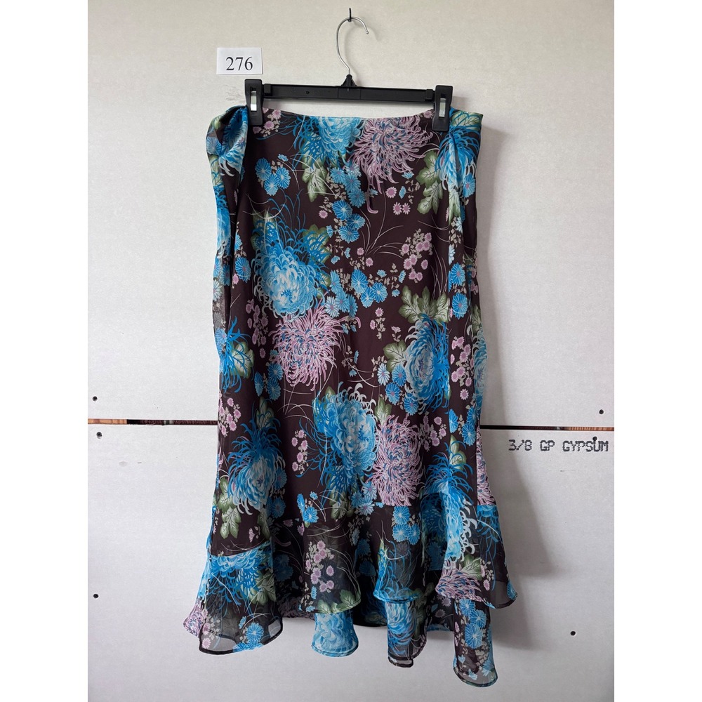 Cato Womens Brown Floral Chiffon Midi Skirt Blue Pink Ruffle Hem Size Large